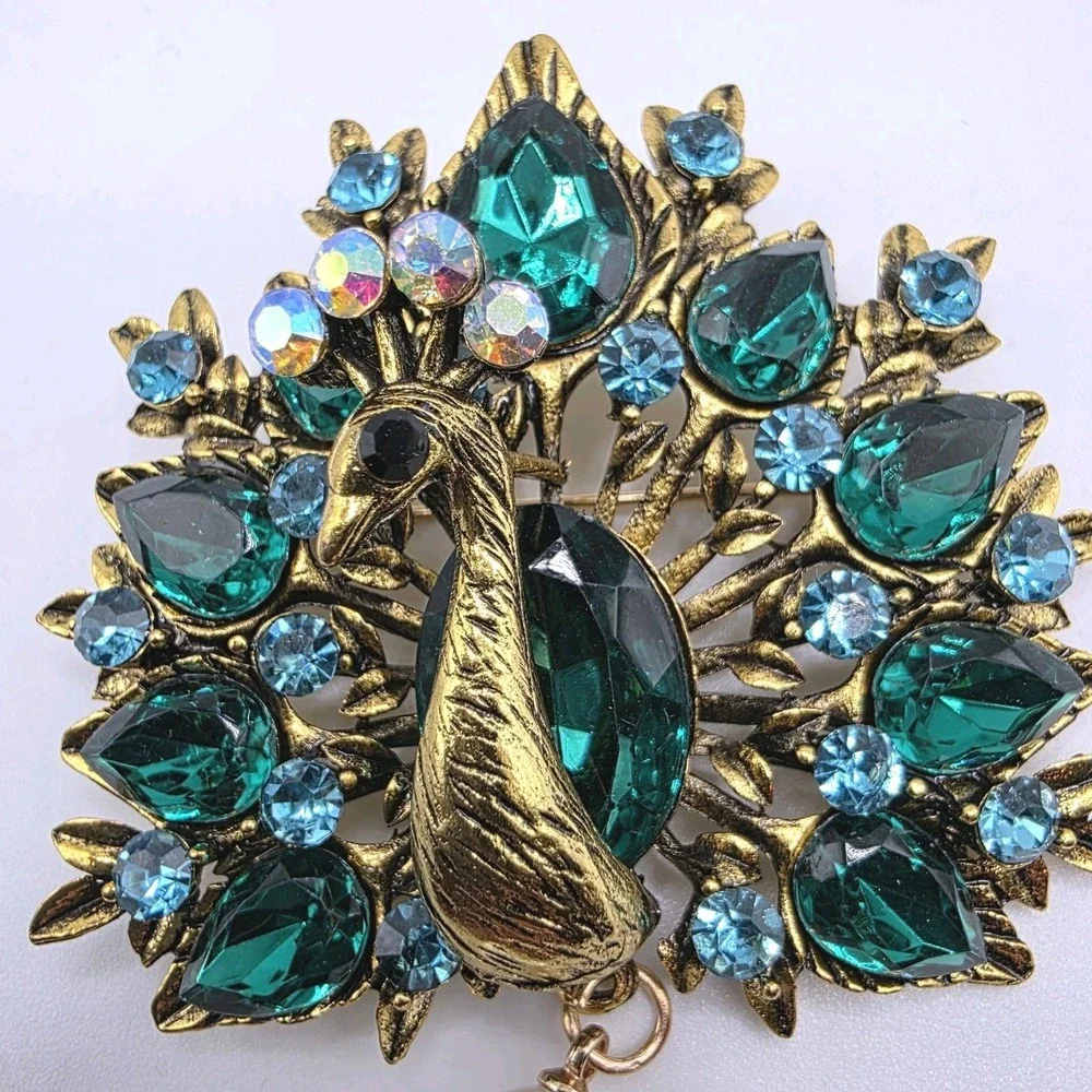 Peacock Brooch Blue Green Rhinestone Gold Tone Statement Pin